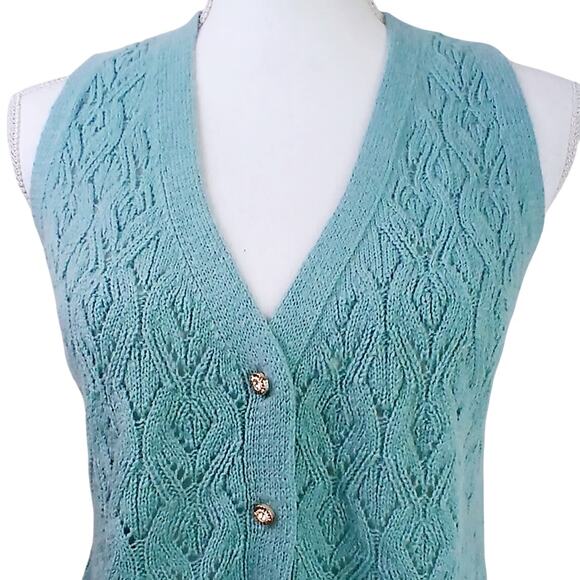 JDY Vintage Y2K SZ S Cable Knit Button Front Vest Green Diamond Gold Buttons - Picture 3 of 7